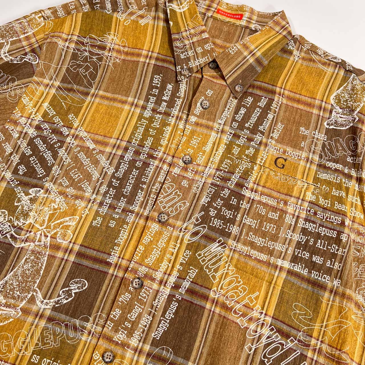 美品 GREENCLUBS グリーンクラブ × ハンナ・バーベラ Hanna-Barbera 総柄 チェック 半袖 リネン シャツ サイズ 5 /ライカ/日本製