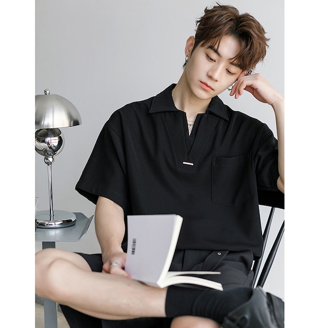 【CHICERROシリーズ】★POLOシャツ★ 2color ユニセックス トップス 半袖 Vネック ブラック ホワイト 黒 白 気質アップ