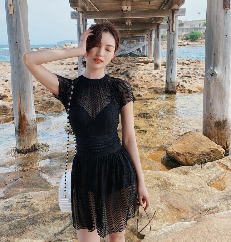 ワンピース水着 韓国水着 スカート付き水着 体型カバー水着ワンピース40代 ワンピース水着体型カバーオールインワン レースワンピース水着 黒 白 フリル 水着 ガーリー M L Xl Viento