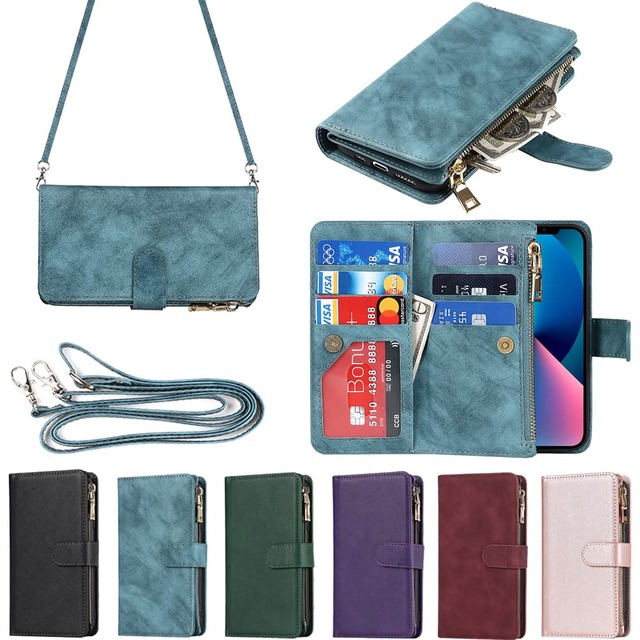 Eastwave アイフォン14 Plus ケース for iPhone 14plus 縄掛けケース for iPhone14 Plus 手帳型 財布型 ICカード コインポケット ストラップ付き カード 収納 小銭入れ ファスナーポケット付き PUレザー 6色ブルー