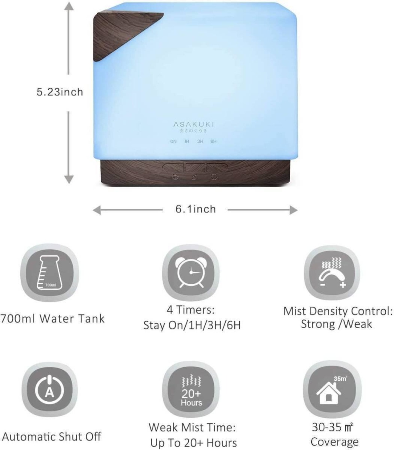 エッセンシャルオイルディフューザー ASAKUKI 700ml 5in1 超音波アロマセラピーフレグラントオイル気化器 加湿器 タイマー