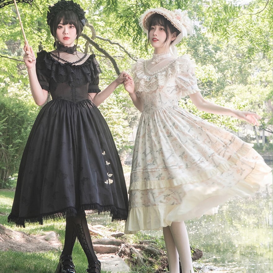 ゴスロリ通販 With U 出荷6月下旬 ゴシック ロリィタ 半袖ワンピ 花柄 チェリー柄 刺繍 シフォン レース ウエストベルト フリル ガーリー 甘め 可愛い 控えめ 上品