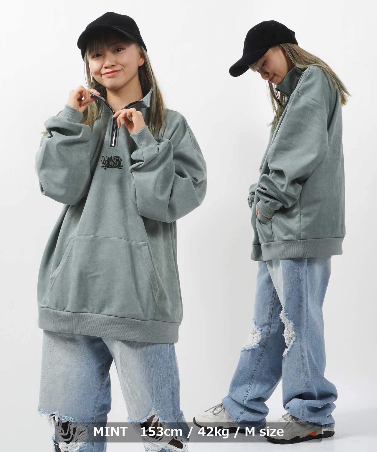 \SALE/◆フェイクスエード ワンポイント刺繍 ハーフジップ◆sb-s1171032n