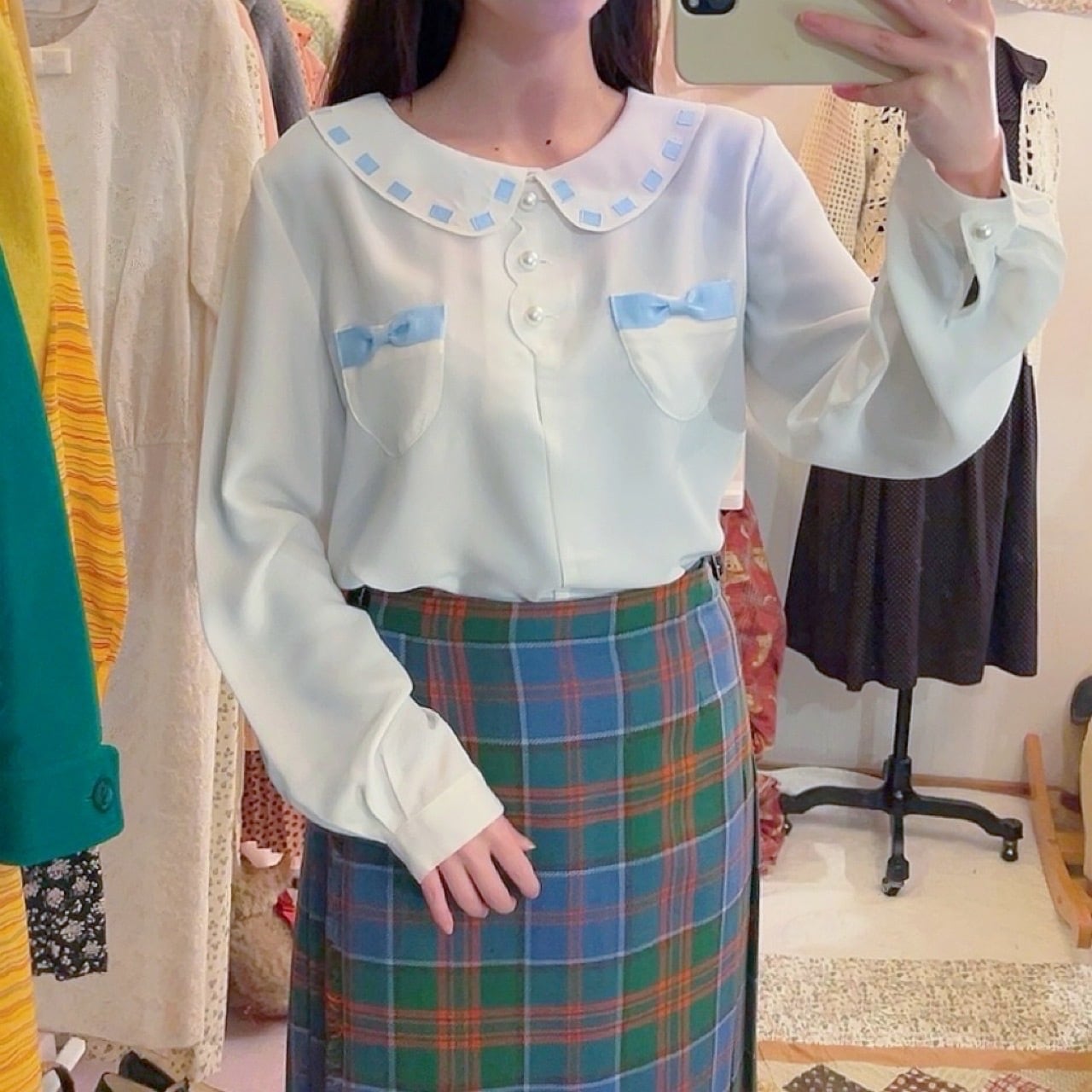 light blue ribbon white blouse