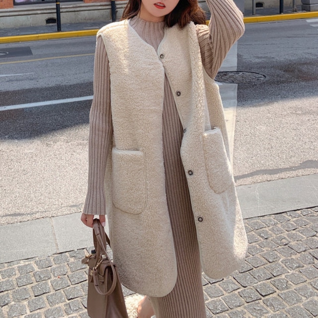 フロントボタンロング丈ボア ベスト♢全2色　11230