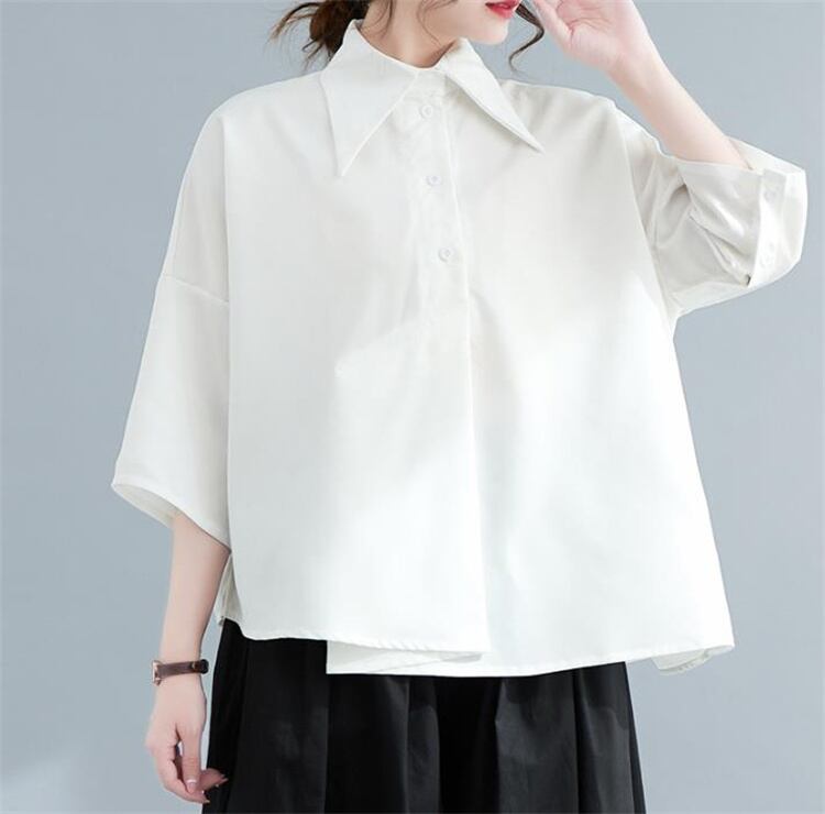 1枚で着映えが狙える 激安セール ラフスタイル オーバーサイズ半袖シャツ アシンメトリー7分袖