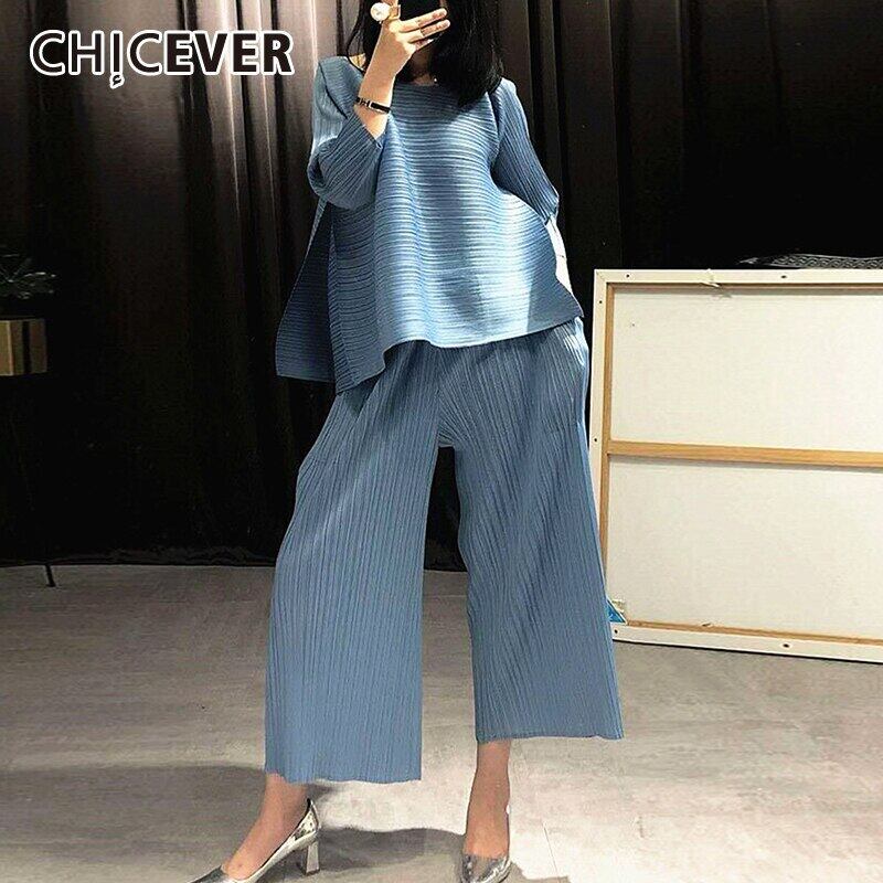 CHICEVERシャーリングセット女性Oネックバットウィング長袖サイドスプリットトップスウエストワイドレッグパンツルーズセット ロング ワイドパンツ 6base557207770265