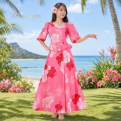 フラダンス 衣装 Paondor パンドール ワンピース ドレス ピンク系 ハイビスカス柄 プルメリア柄 花柄 赤 白 明るい 華やか かわいい フリル ダンス衣装 日本製 イベント ステージ ハワイアンプリント アロハ おしゃれ レッド系 ホワイト系