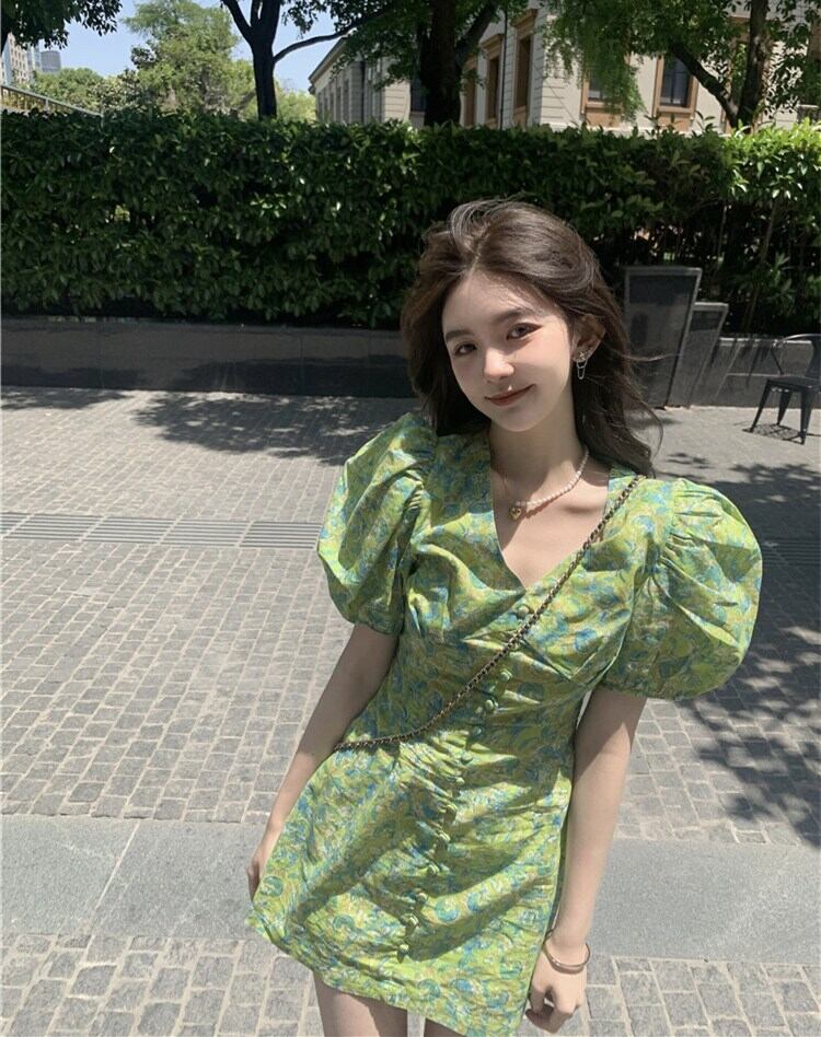 フローラルドレス グリーンスタイルスリーブウェストショートスカート サマー半袖 レース ハーフスリーブ 夏物 花柄 ブラックストロベリース78208629538