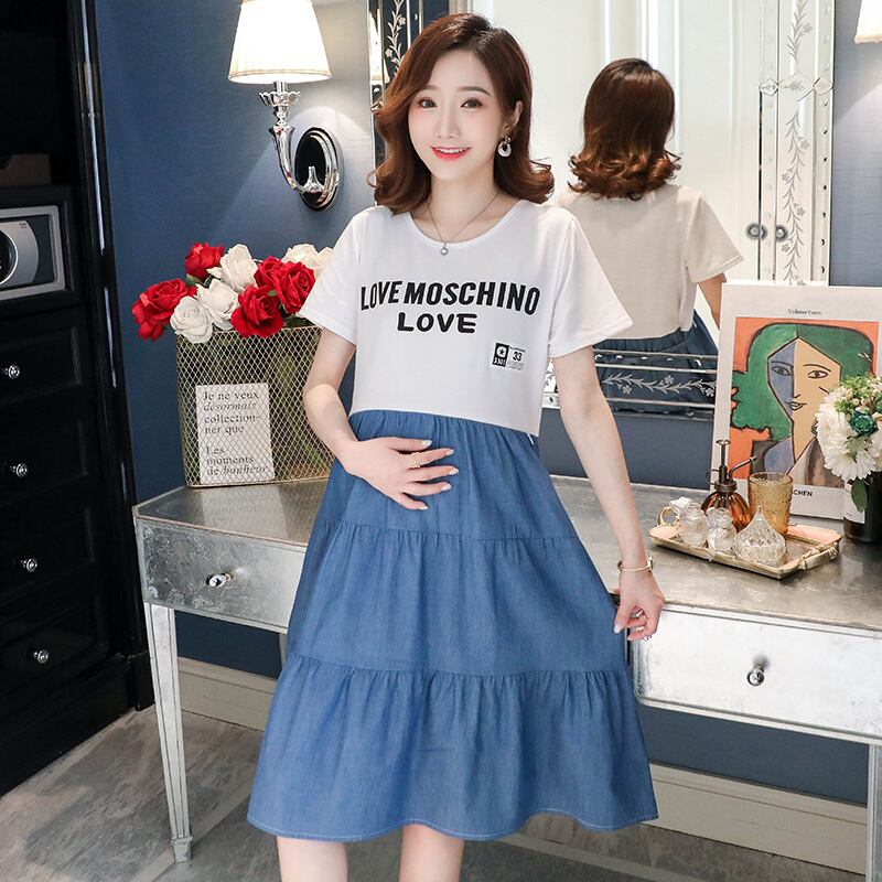 【新作】【送料無料】 マタニティウェア2020夏の新しいデニムステッチ偽のツーピースドレスファッションミドル丈で年齢を減らすマタニティドレス-アリババ サマー 夏物 expec278939157452