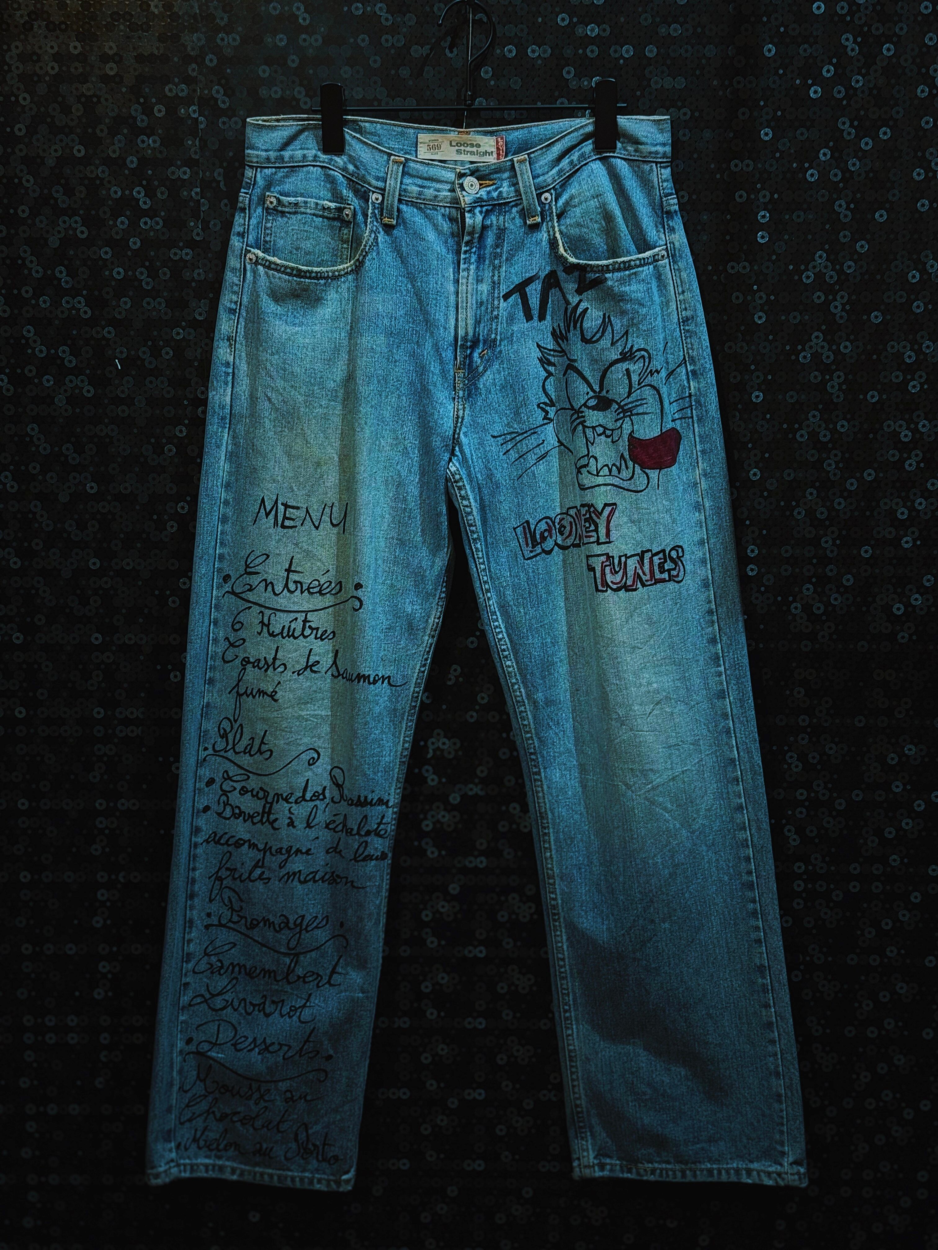 【ÆIEM】"loose straight"vintage paint custom Tasmanian devil detail denim pants