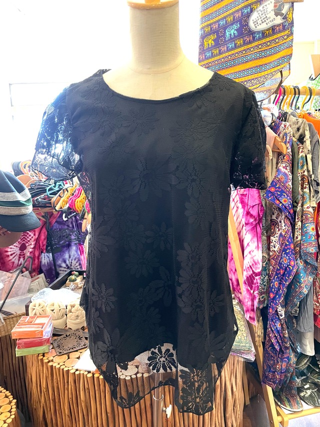 ブラウス 半袖 半袖レースチュニック 半袖ブラウス ブラウス 半袖 チュニック レースブラウス エレガント 花柄 ブラック アジアン ＊ アジアン雑貨No.79