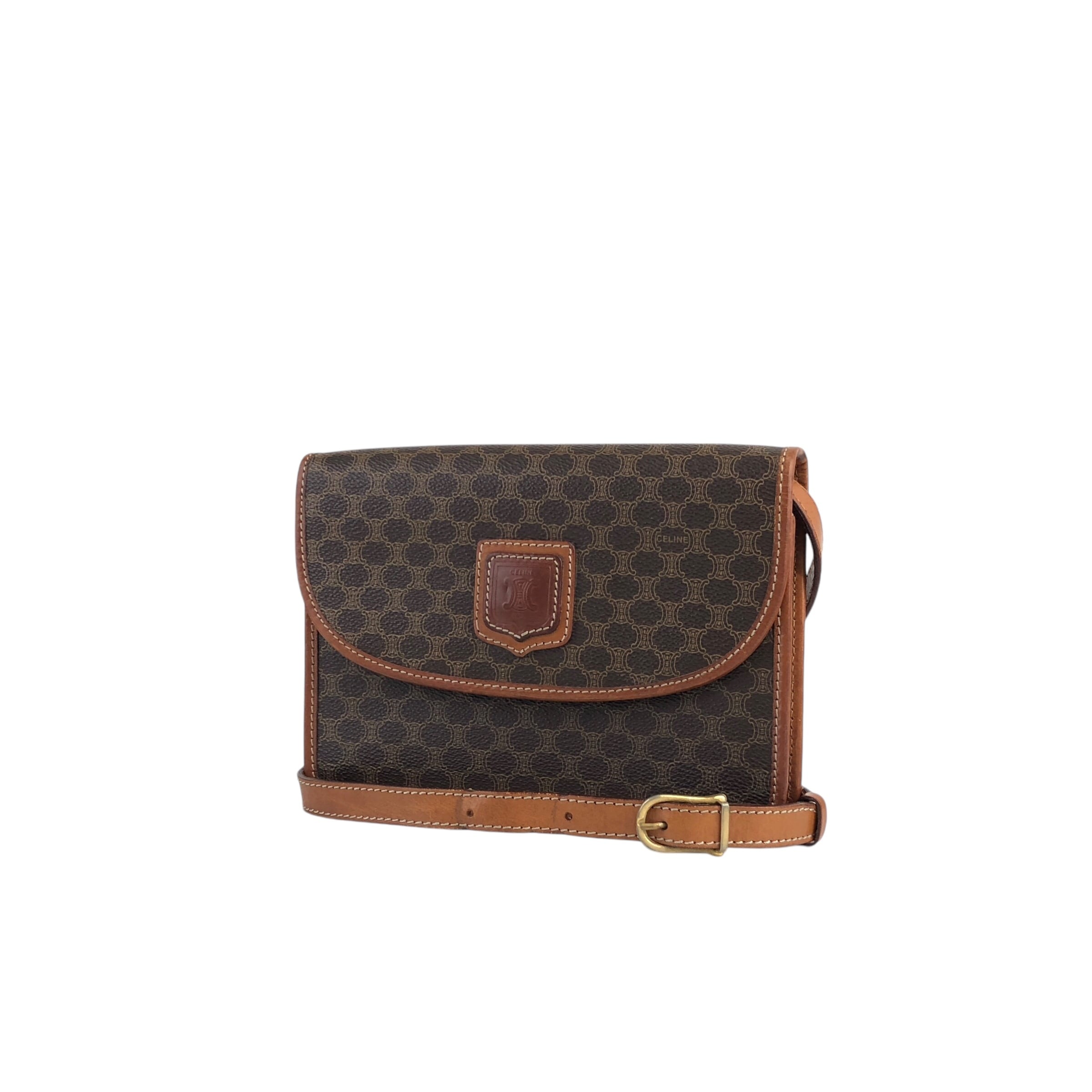 ★CELINE セリーヌ マカダム  ショルダーバッグ ブラウン ブラゾン型押し PVC/レザー  ix2eki CELINE セリーヌ マカダム ショルダーバッグ ブラウン ブラゾン型押し