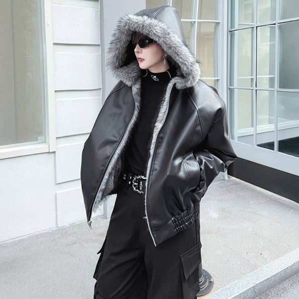 リバーシブルグレーフェイクファージップアップフーディPUブラックジャケット(ruf_02712)