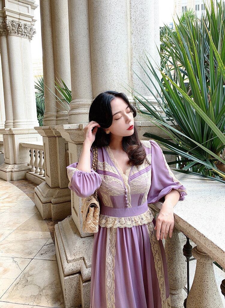 紫 パープル リボン レース ワンピース XL ガーリー エレガント