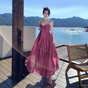 Lady's coco ロングドレス キャバドレス セクシー リゾート映え ローズピンク バックレス キャミソール ウエストマーク フレアシルエット バカンス JC2-CD1-E289-82060650