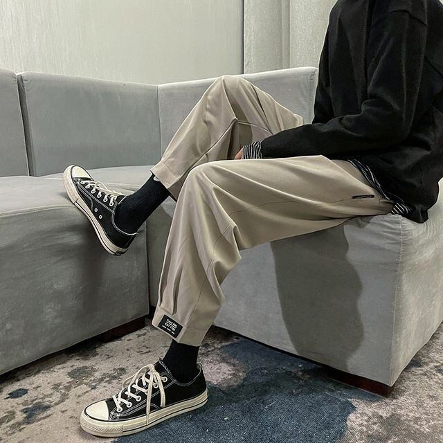 【予約販売】パンツ メンズ ボトムス 裾タグ シンプル ブラック グレー ベージュ ストリート スタイリッシュ こなれ感 カジュアル 部屋着 韓国 トレンド 春 夏 秋 M/L/XL/2XL/3XL