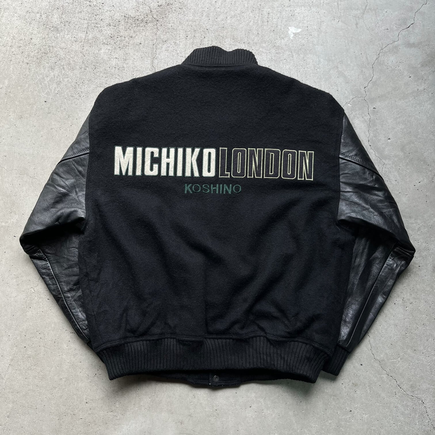 80年代 MICHIKO KOSHINO ロゴ刺? 袖レザー ウールスタジャン 