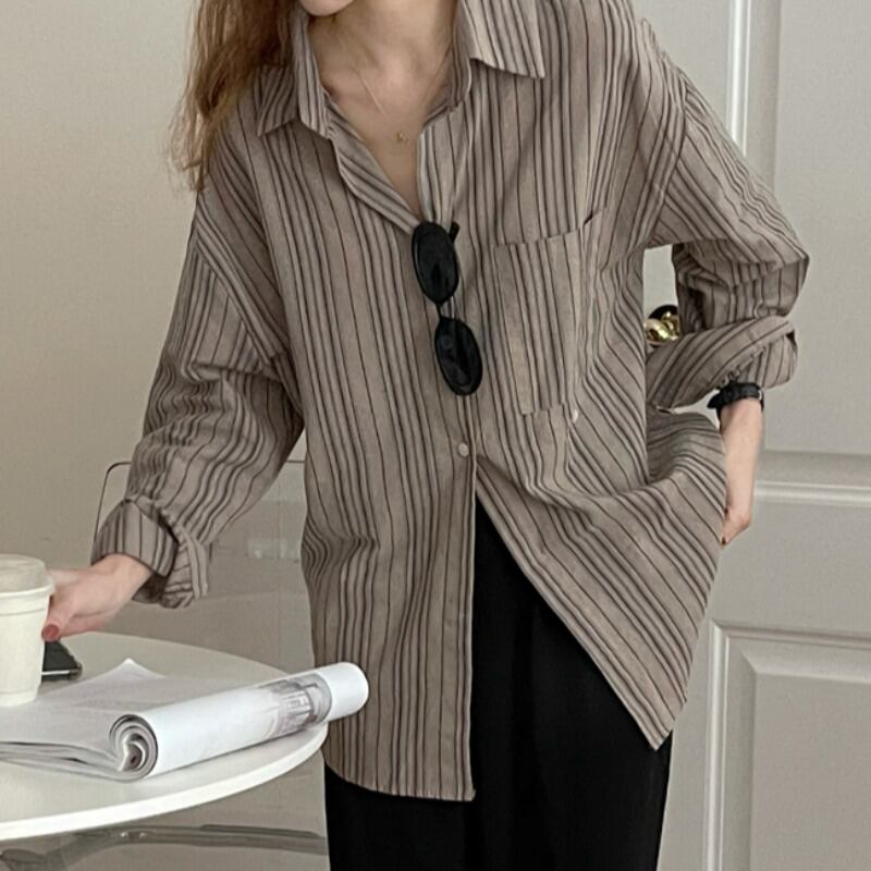スタンダードストライプシャツ スプリングルーズカーディガンレディース ロング レトロ 春物 YY-ファッション93966168661