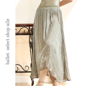 完売/ ミモレ丈パール付きシフォンスカート2色展開 A0187