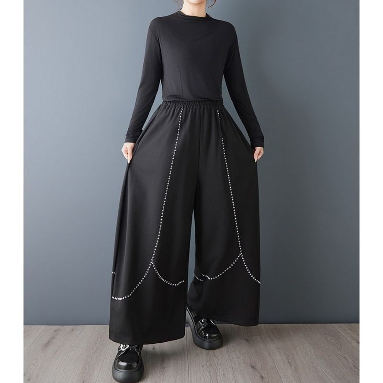 曲線 ステッチ ワイド パンツ  00366