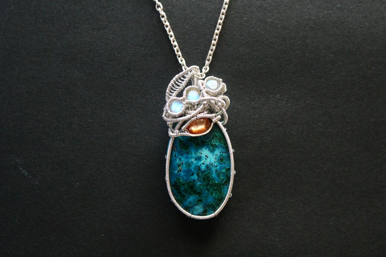 Chrysocolla malachite & Sunstone & Labradorite silver925 wire wrapping pendant