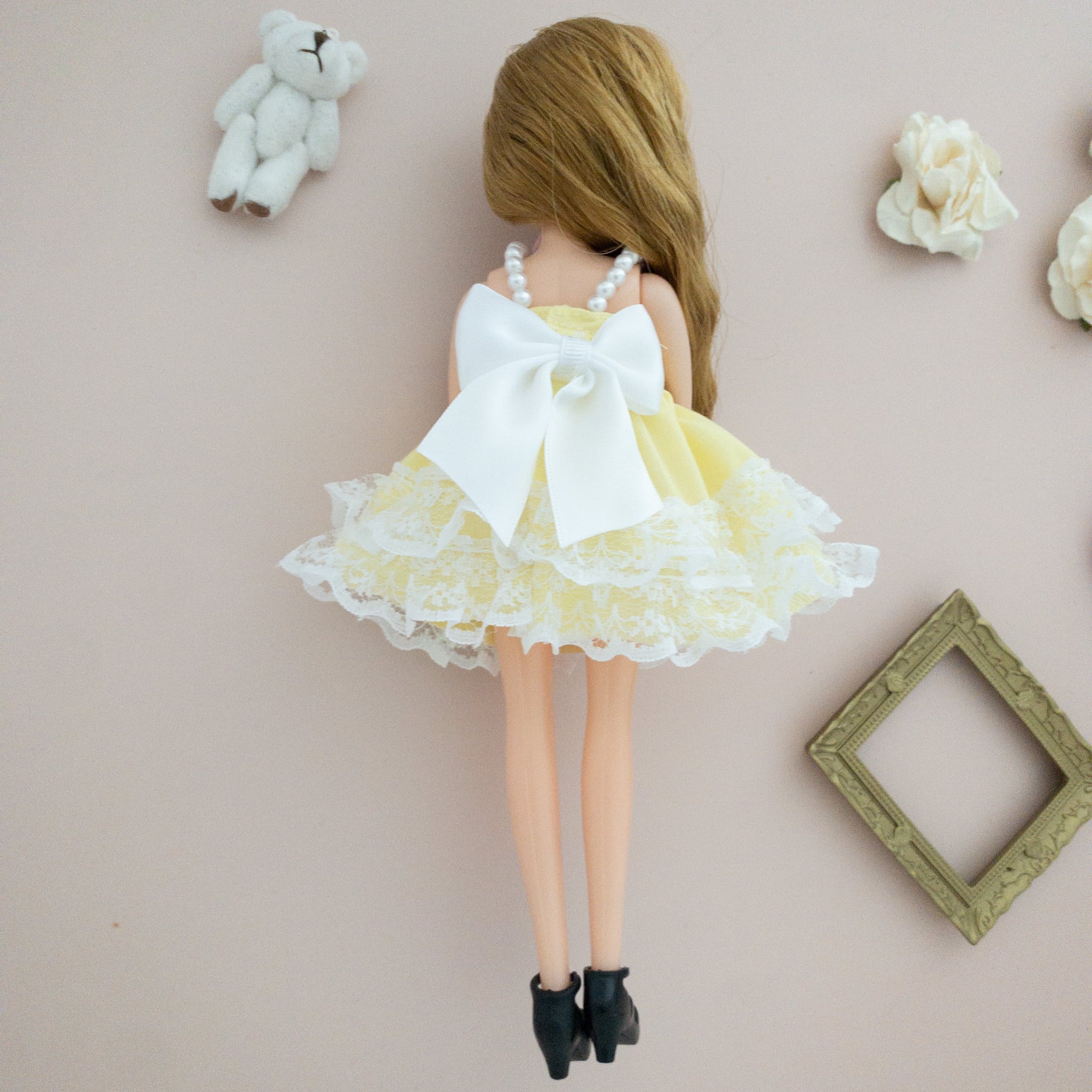 リカちゃん　ミルキーピンク　三つ編み　美人　黄色レースドレス リカちゃん ミルキーピンク 三つ編み 美人 黄色レースドレス