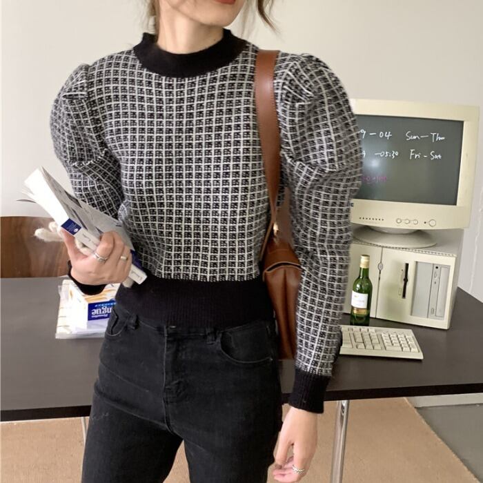 スリーブトップス カラールーズ格子柄ショートカジュアルニットセーター オータム 秋物 ウィンター 冬物 クレセントシティ93331683154