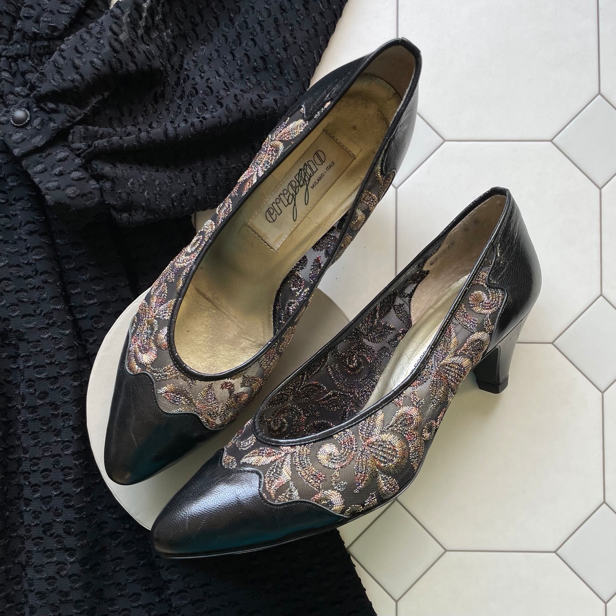 glitter embroidered sheer pumps〈レトロ古着 ラメ刺繍 シアー 
