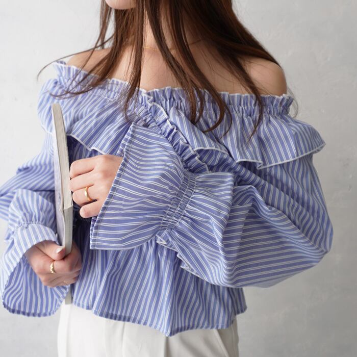 (P83)マルチウェイストライプフリルショートトップス