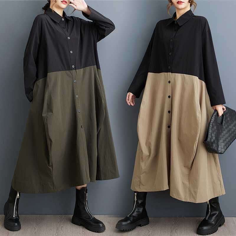 CONTRAST STITCH A-LINE LONG SHIRT DRESS 2colors M-15788