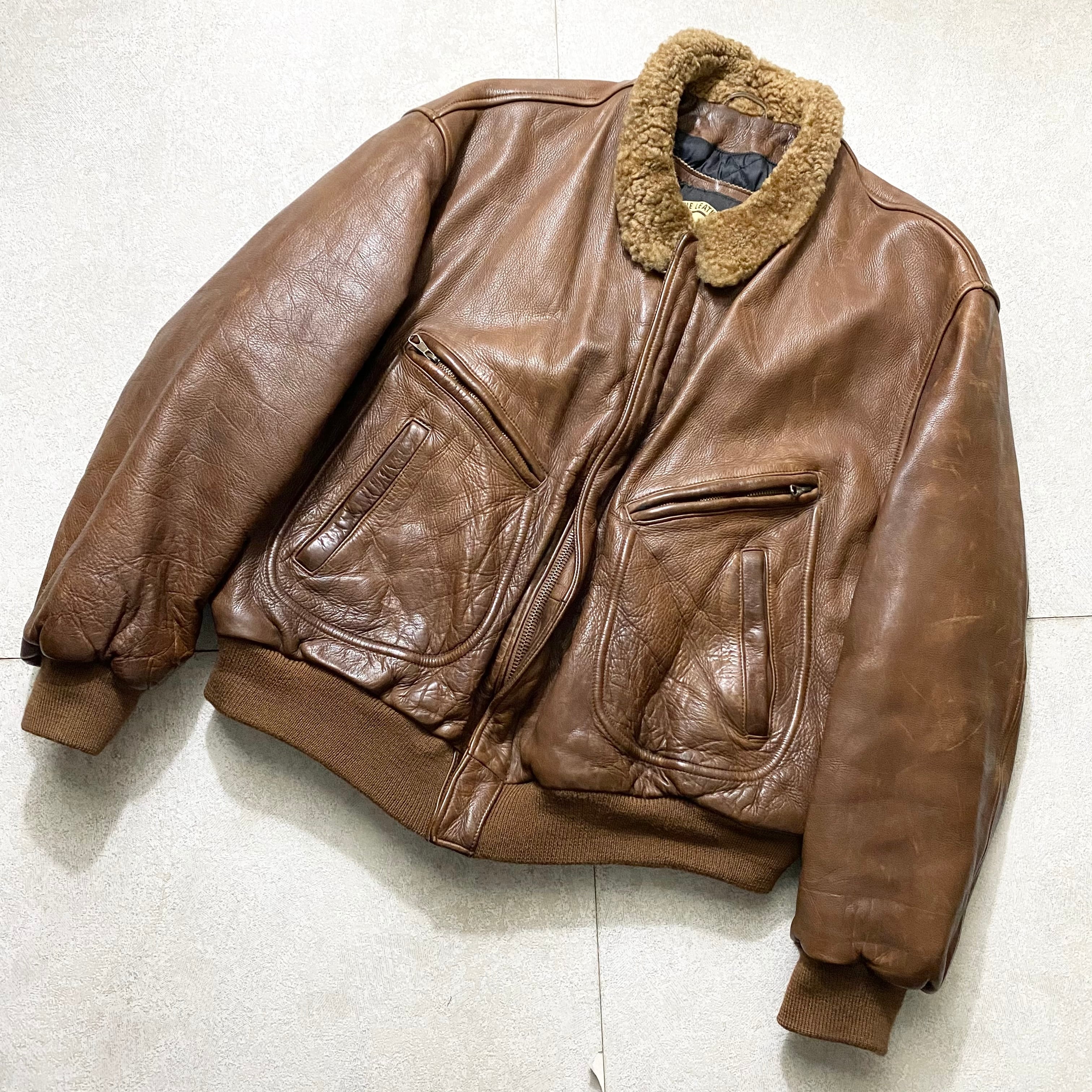 vintage EMPORIO ARMANI brown leather riders jacket with boa collar