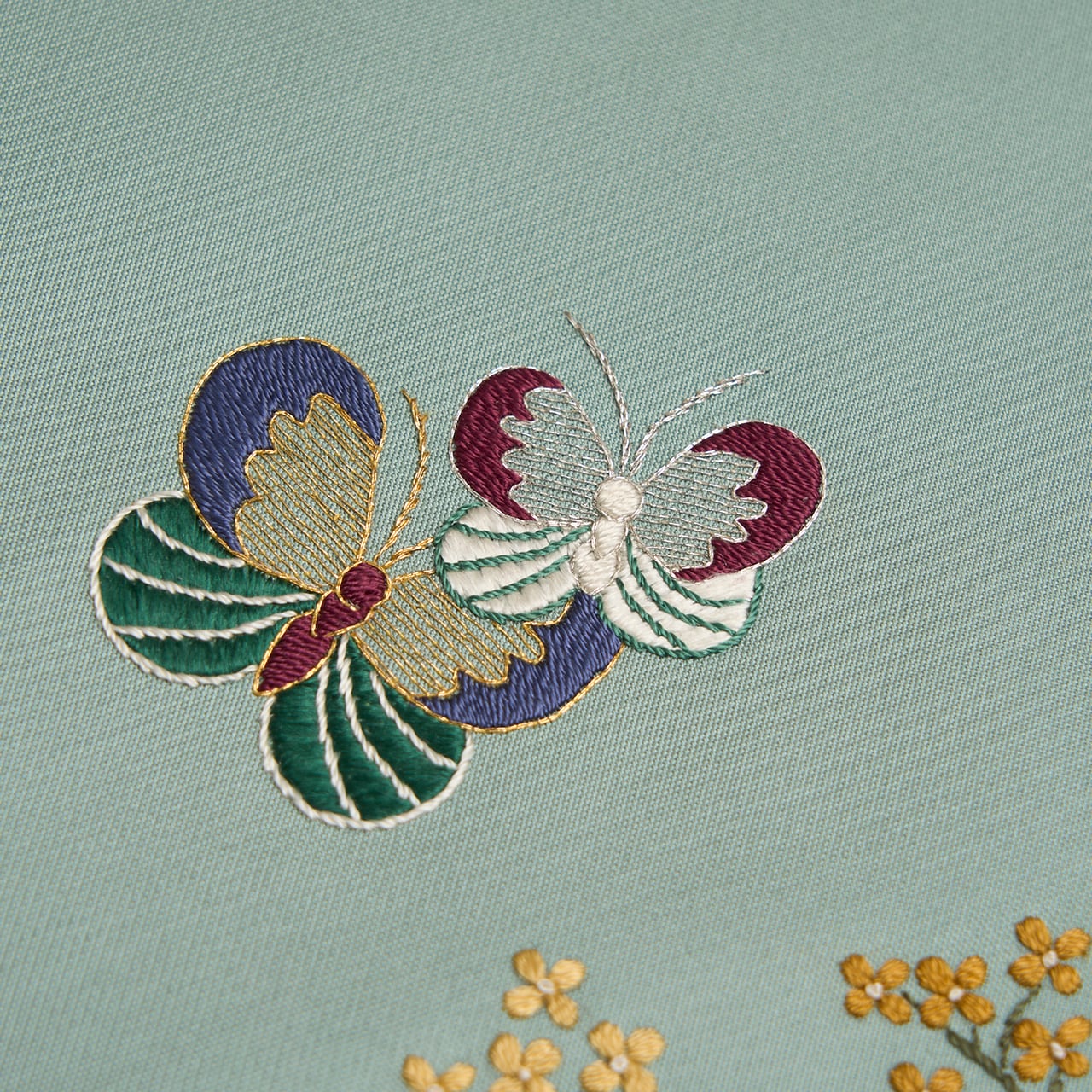 菜の花に蝶々の模様 手刺繍名古屋帯【中古】 | かわの屋
