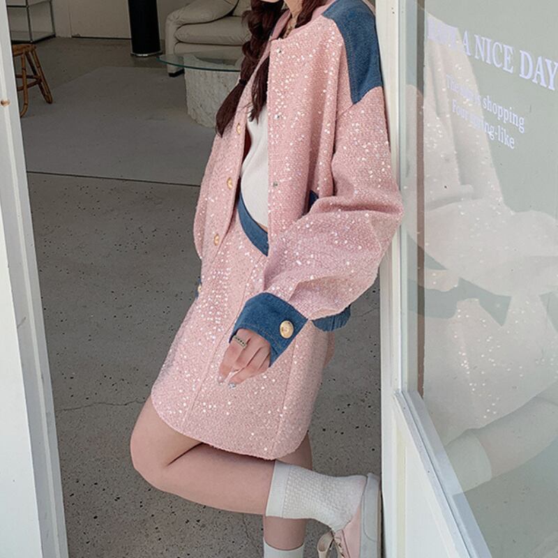 Pink sequined fashion suit with blue lines【2set】00043