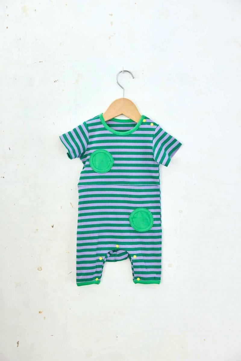 【26SS】KOQUELIKO(コキュリコ)Dots baby body green border(XXS/XS)ロンパース ドット グリーン ボーダー