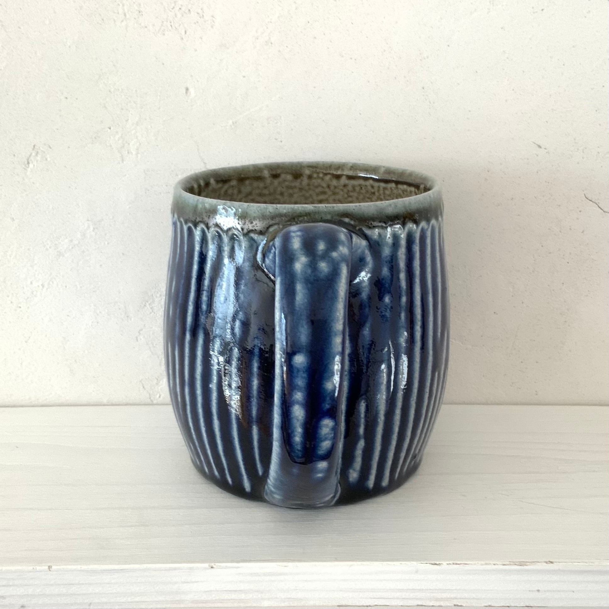 M-65 濱田友緒「藍塩釉鎬茶碗」共箱 検／陶器 陶芸 濱田庄司 濱田晋作