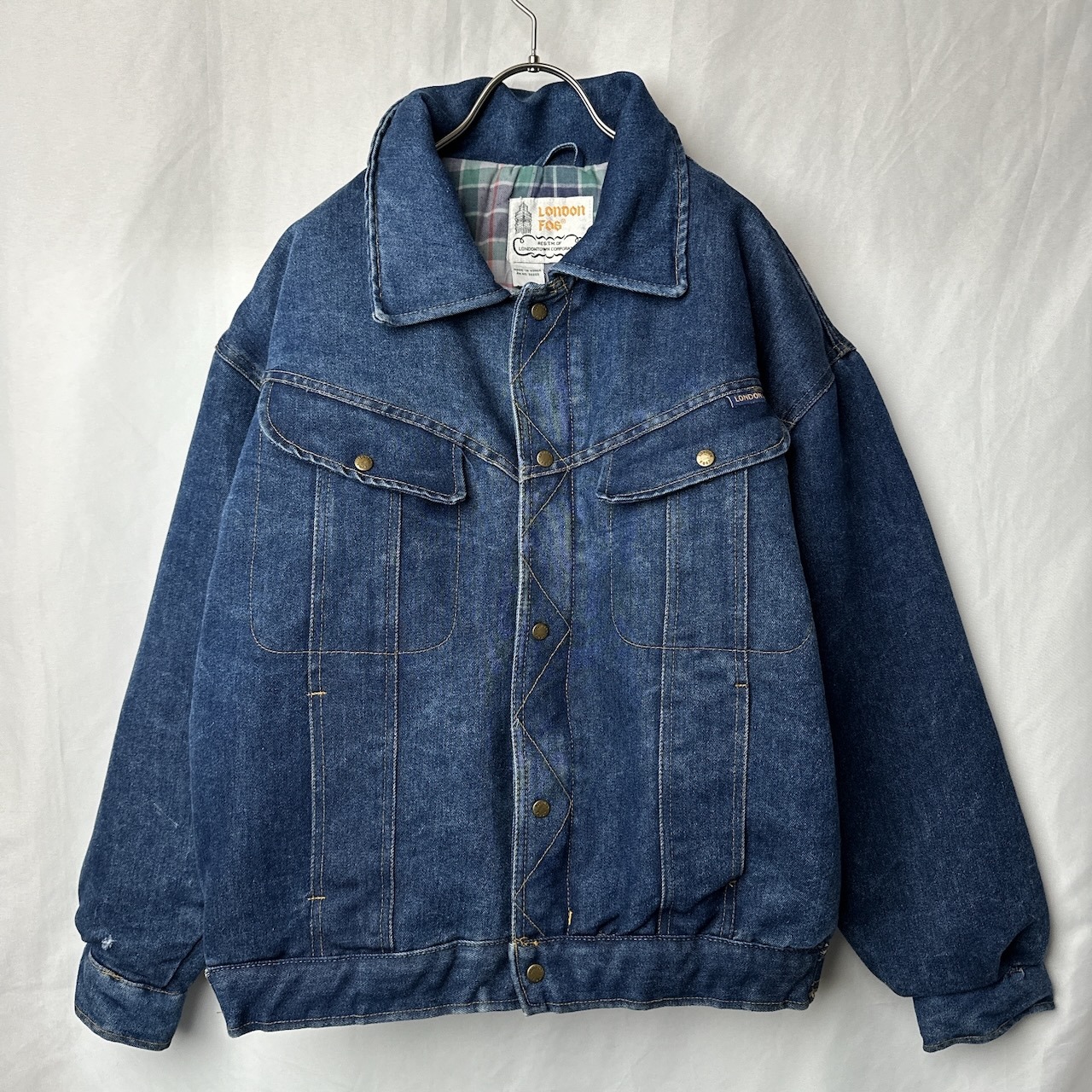 ロンドンフォグ 中綿入り 裏地チェック 濃淡 ジージャン デニムジャケット レトロ 古着