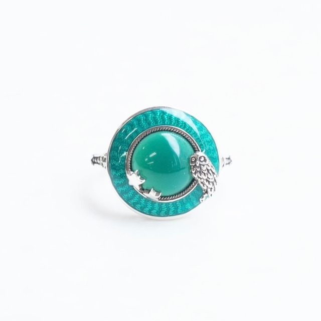 ROKUZAN silver green agate & enamel ring “Owl&Star”