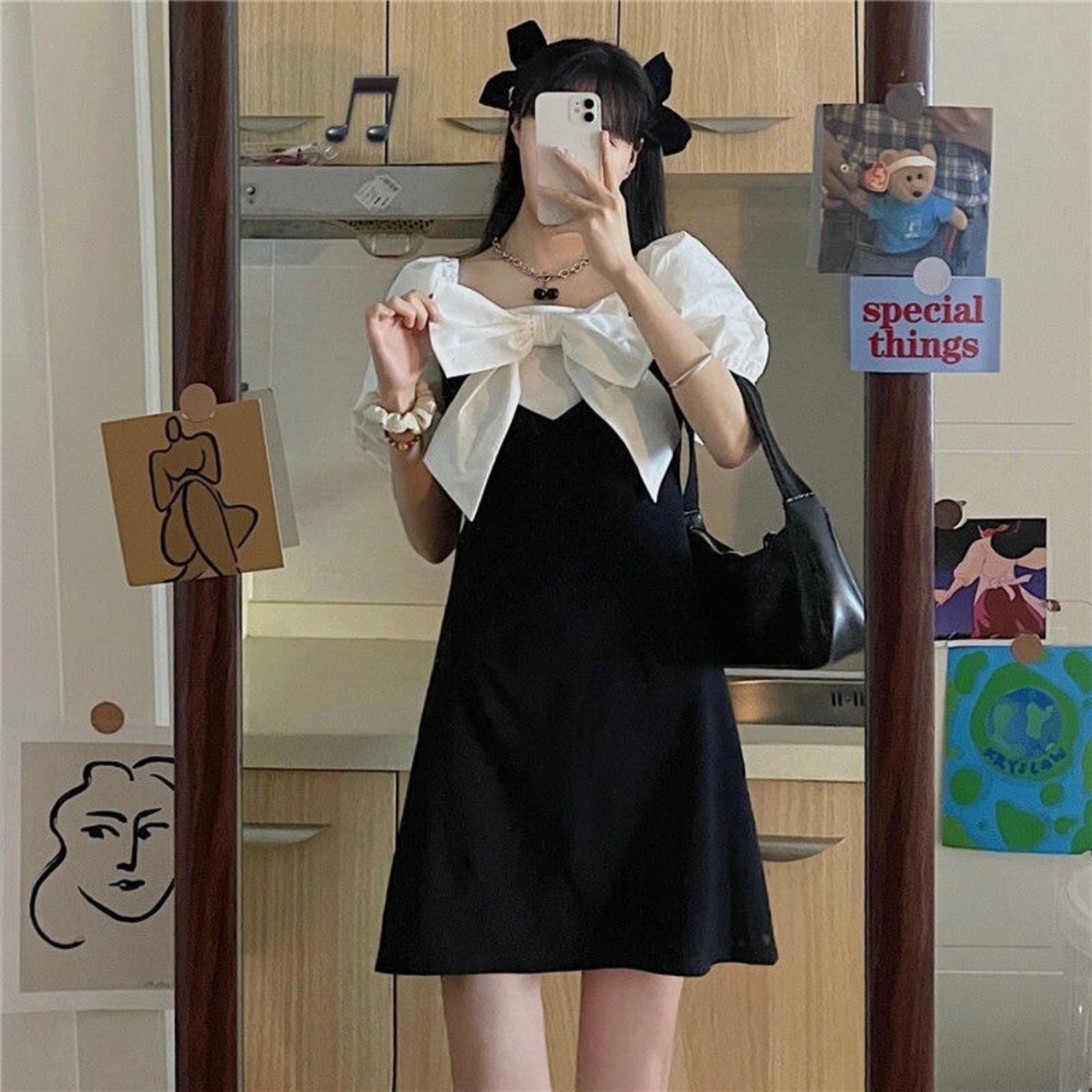 送料無料 HOUZHOU ドレス弓女性ヴィンテージミニドレス甘いプレッピー 