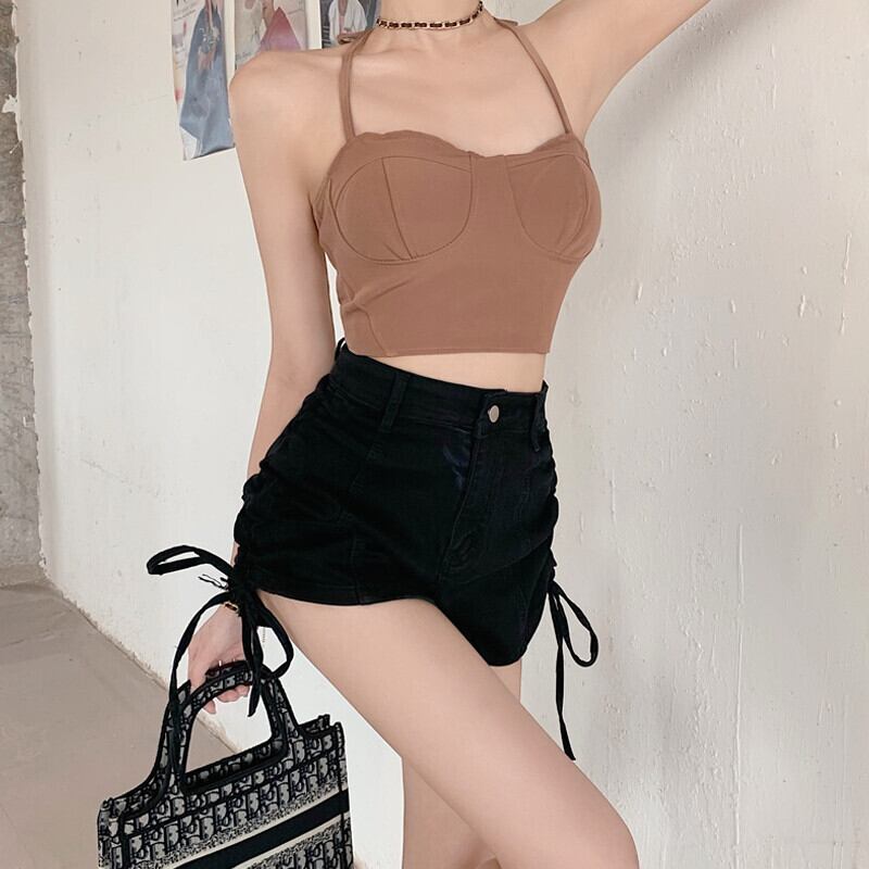 ギャザージーンズ サマーハイウェスト薄手パンツ カジュアルブラックショーツ ストリート 夏物 ブルマー ガールズファッション78522333034