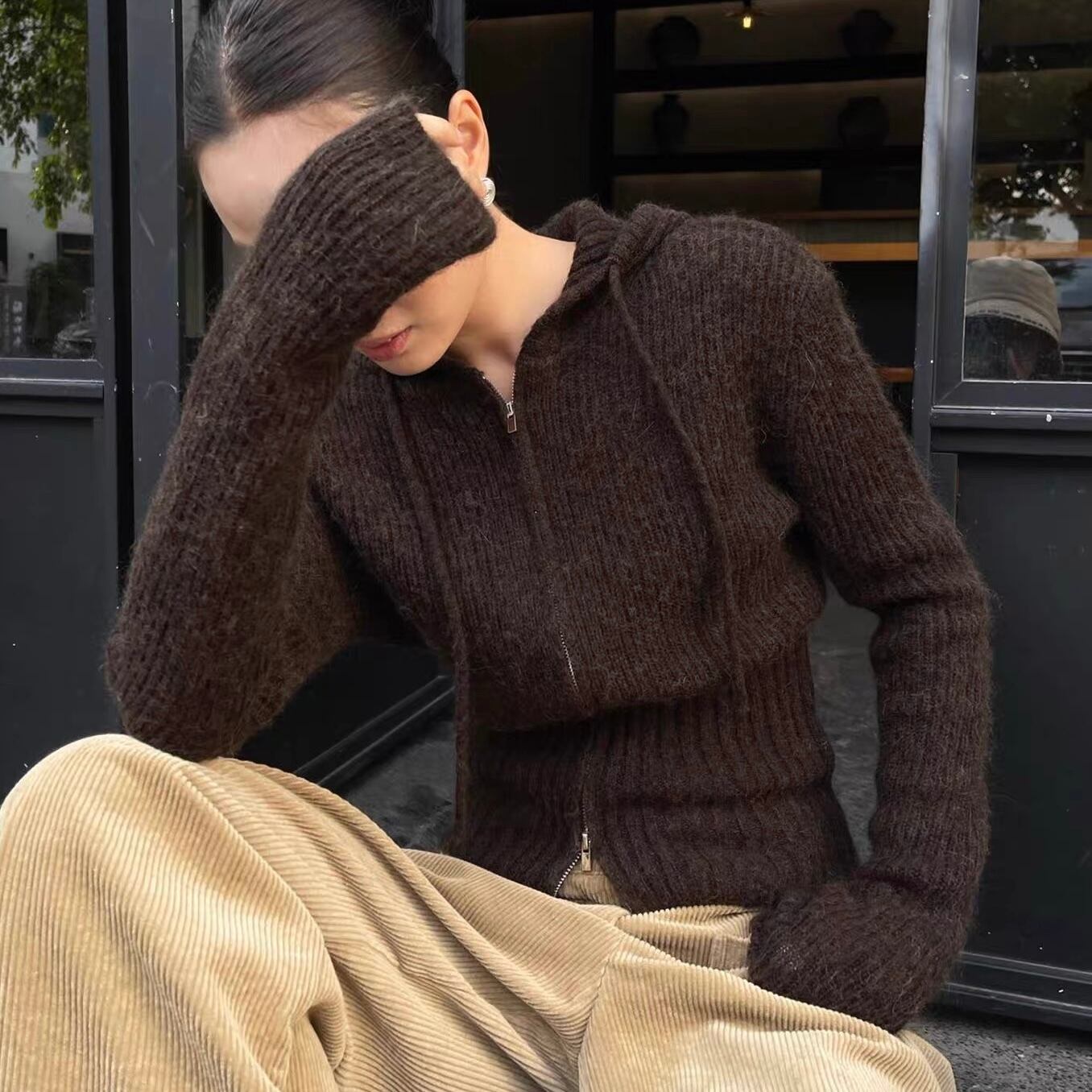 ジップアップ 長袖 リブ編み ニット カーディガン YH9751