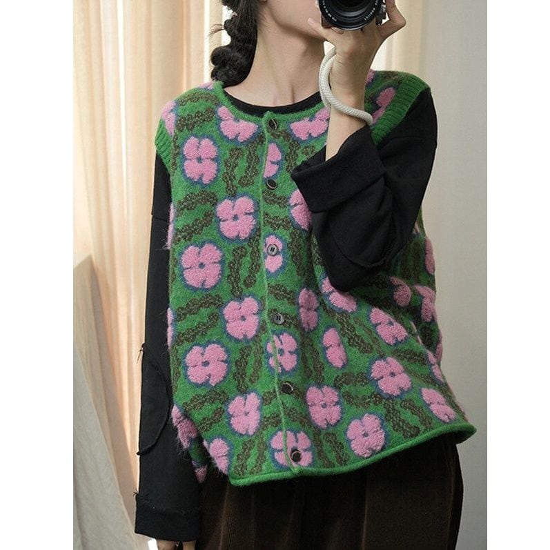FLOWER PRINT KNIT VEST CARDIGAN 1color M-15056