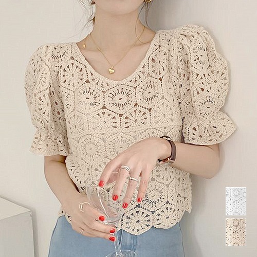 【日本倉庫即納】 クロシェトップス 鍵編み 半袖 夏 韓国