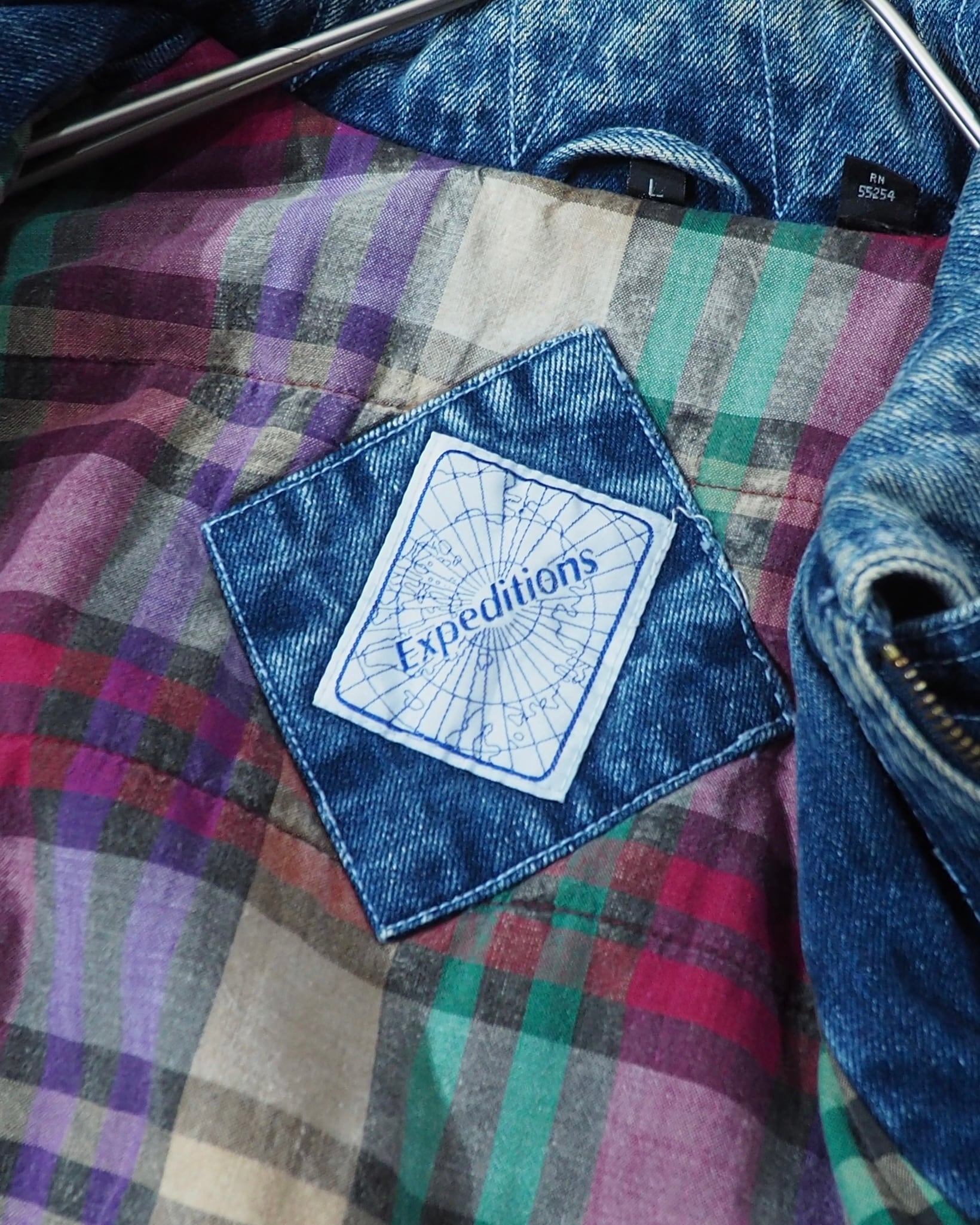 1980s Beautiful Ice Blue × leather docking Over silhouette vintage Denim jacket