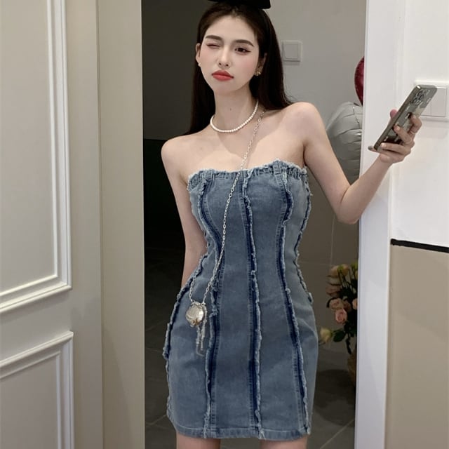 予約販売】ベアトップワンピース レディース デニム ミニワンピース 細