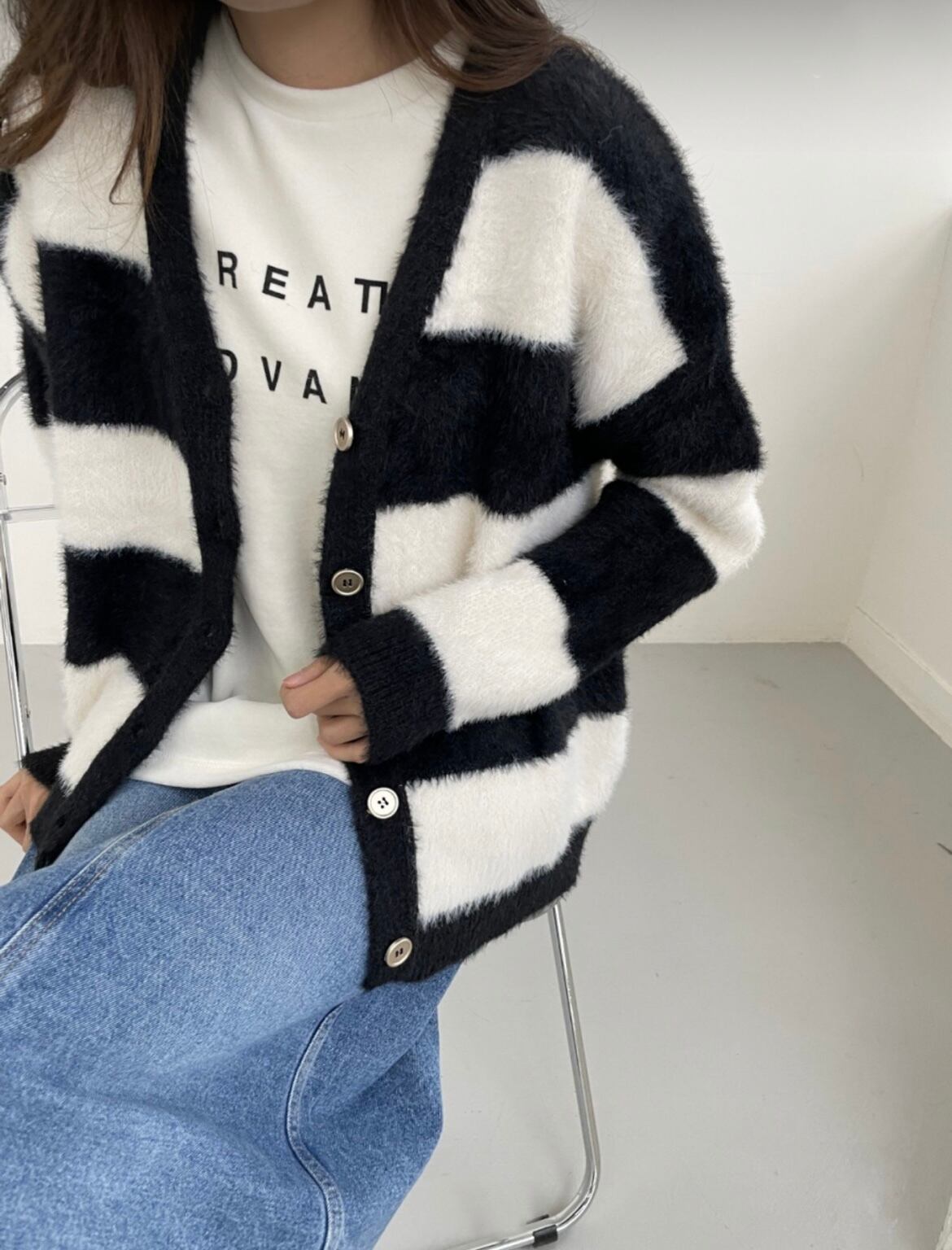 ボーダーシャギーニットカーディガン