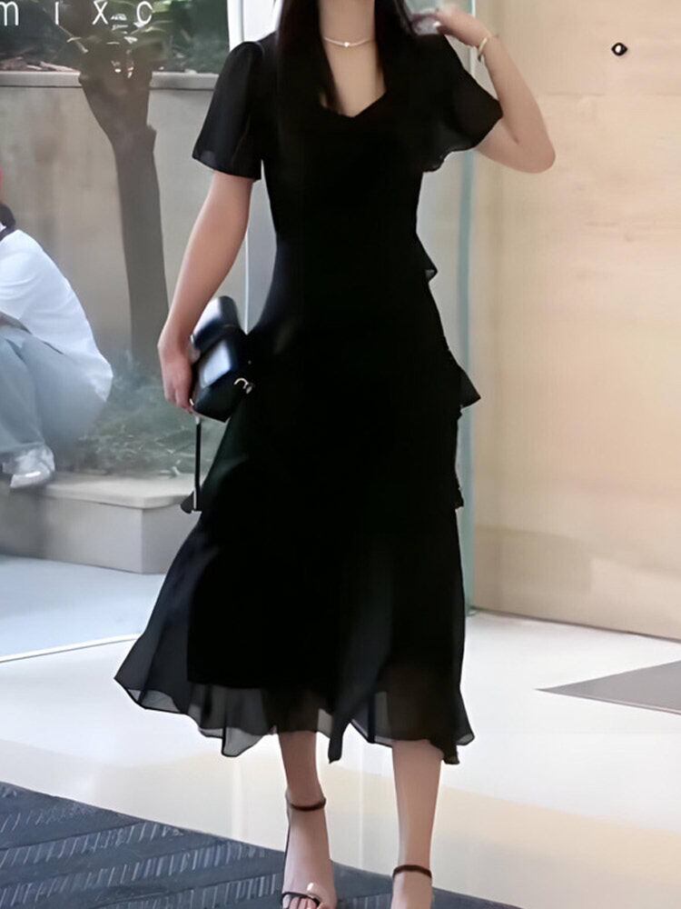 お呼ばれにもふさわしい上品デザイン アシメ3段ティアードシフォンワンピース 大人かわいい きれいめ 人気 大きいサイズ 韓国 CH9194