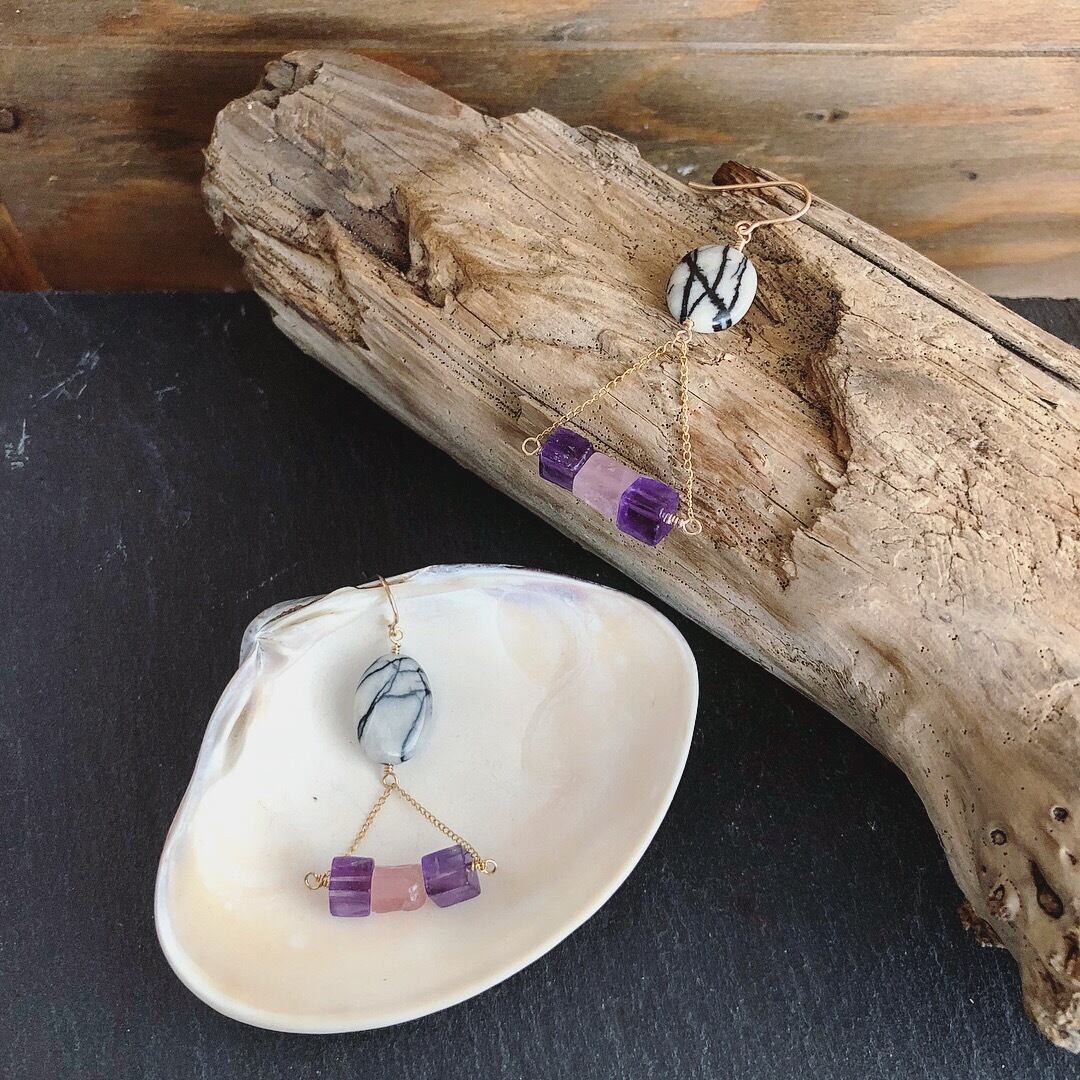 ゼブラジャスパー×アメジスト×ローズクォーツのピアス