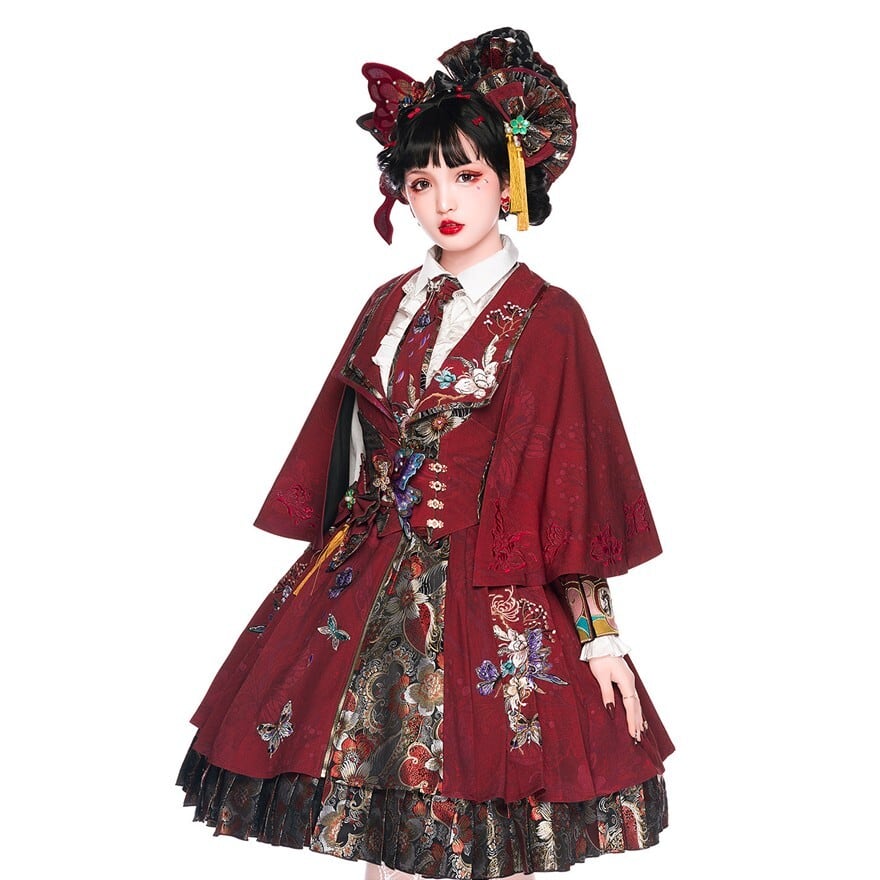 中華ロリータ 蝶ブローチ付きウエストベルト｜深紅×刺繍ジャカードの