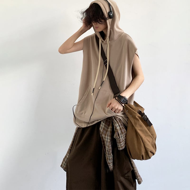 jiwuus薄茶色フード付きノースリーブTシャツ | PAY ID